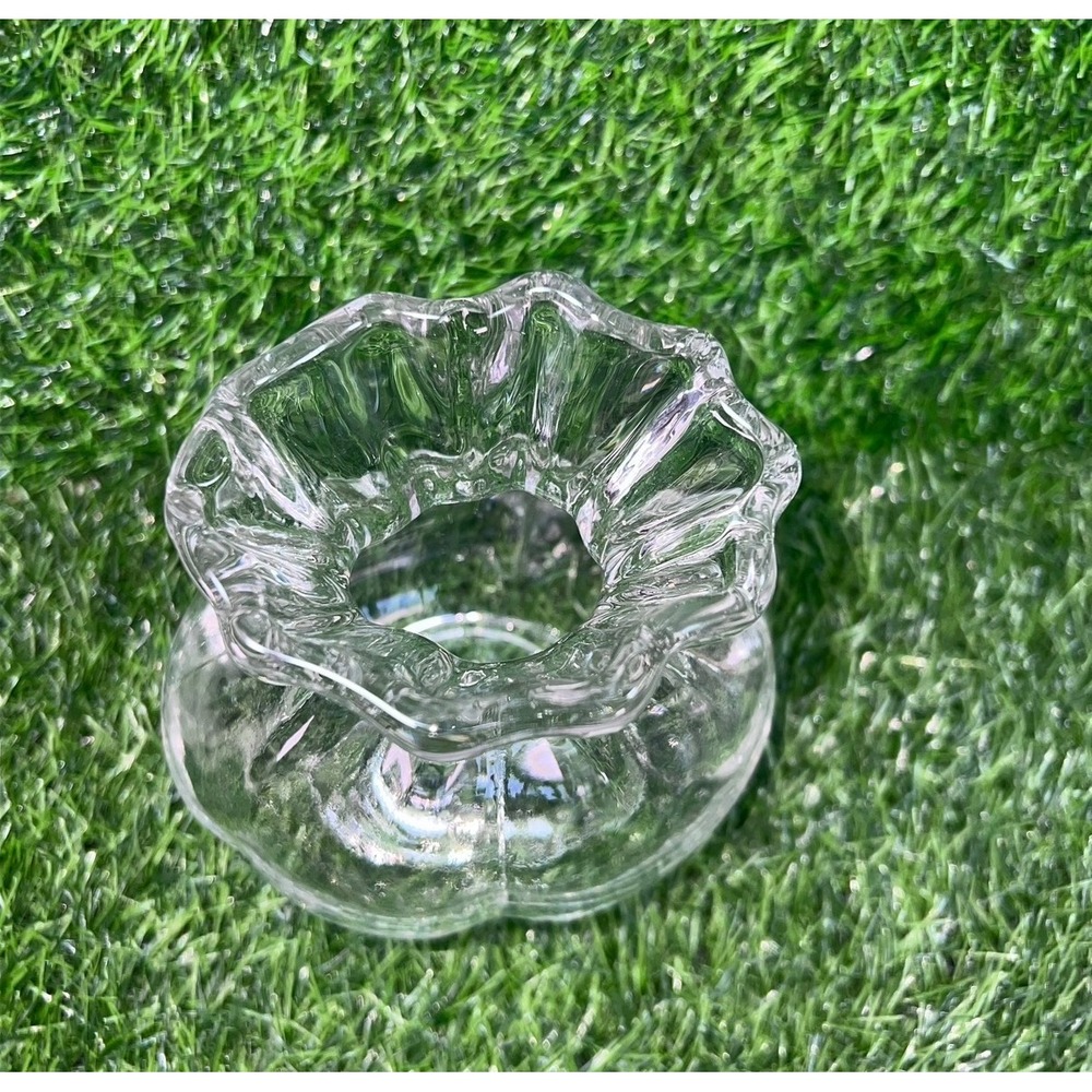 Clear Glass Drawstring Bag Pouch Vase Ruffled Rim Ribbed Texture 7in - Picture 6 of 14